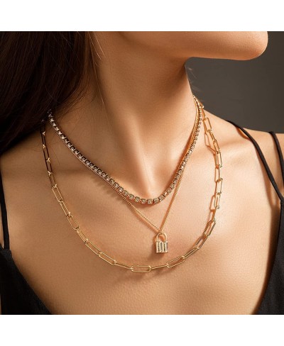 Layered Choker Necklace Lock Pendant Necklace Tennis Chain Paperclip Choker Necklaces for Women and Girls $11.68 Chokers