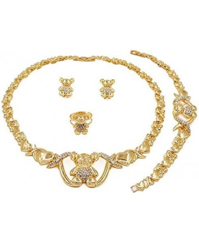 Women's Girls Hugs & Kisses XOXO 4 Pieces Necklace Set Teddy Bear Charm Includes Necklace Bracelet Earrings Ring Real Gold Pl...