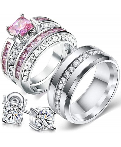 Two Rings His Hers Couples Matching Rings Women's 2pc White Gold Filled Square Pink CZ Wedding Engagement Ring Bridal Sets & ...