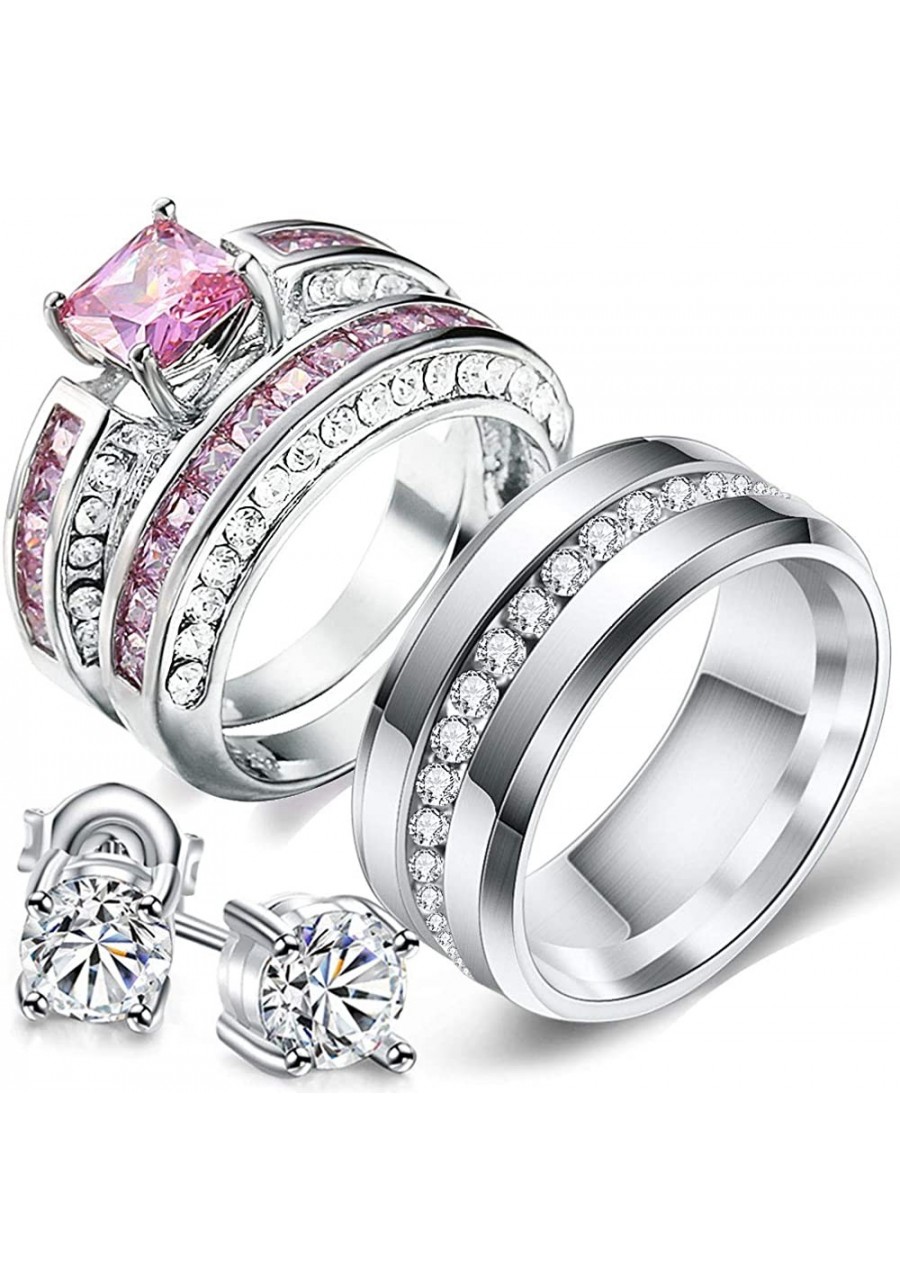 Two Rings His Hers Couples Matching Rings Women's 2pc White Gold Filled Square Pink CZ Wedding Engagement Ring Bridal Sets & ...