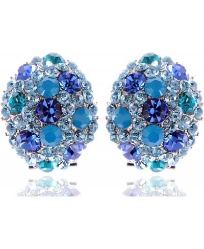 Womens Swarovski Crystal Element Silver Tone Teal Blue Rhinestones Oval Clamp Stud Earrings $20.62 Stud