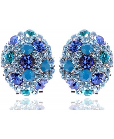 Womens Swarovski Crystal Element Silver Tone Teal Blue Rhinestones Oval Clamp Stud Earrings $20.62 Stud