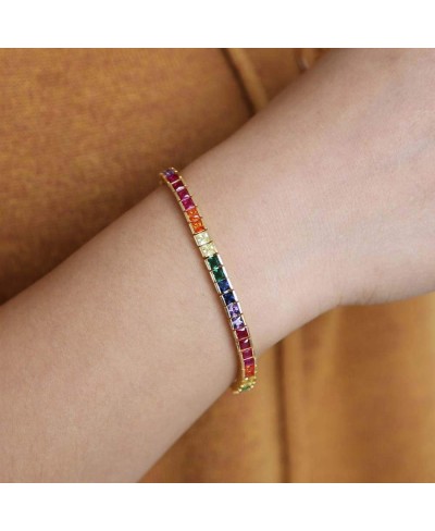 17cm Square Rainbow Colorful cz Tennis Bracelet for Women 17cm Gold Plated $25.40 Tennis