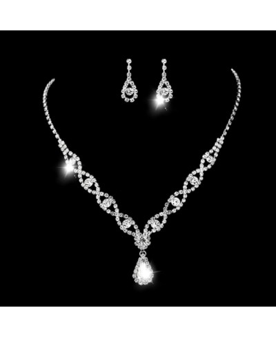 Silver Bride Necklace Earrings Set Rhinestone Bridal Wedding Jewelry Sets Crystal Costume Jewelry Set for Women and Girls $10...