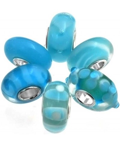 Mixed Set Of Bundle .925 Sterling Silver Core Translucent Shades Of Aqua Blue Green 3D Flower Murano Glass Swirl Charm Bead S...