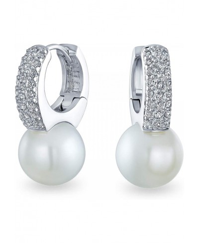 Bridal Simple CZ Leverback White Simulated Pearl Solitaire Huggie Drop Ball Earrings For Women Wedding Silver Plated $25.48 Ball