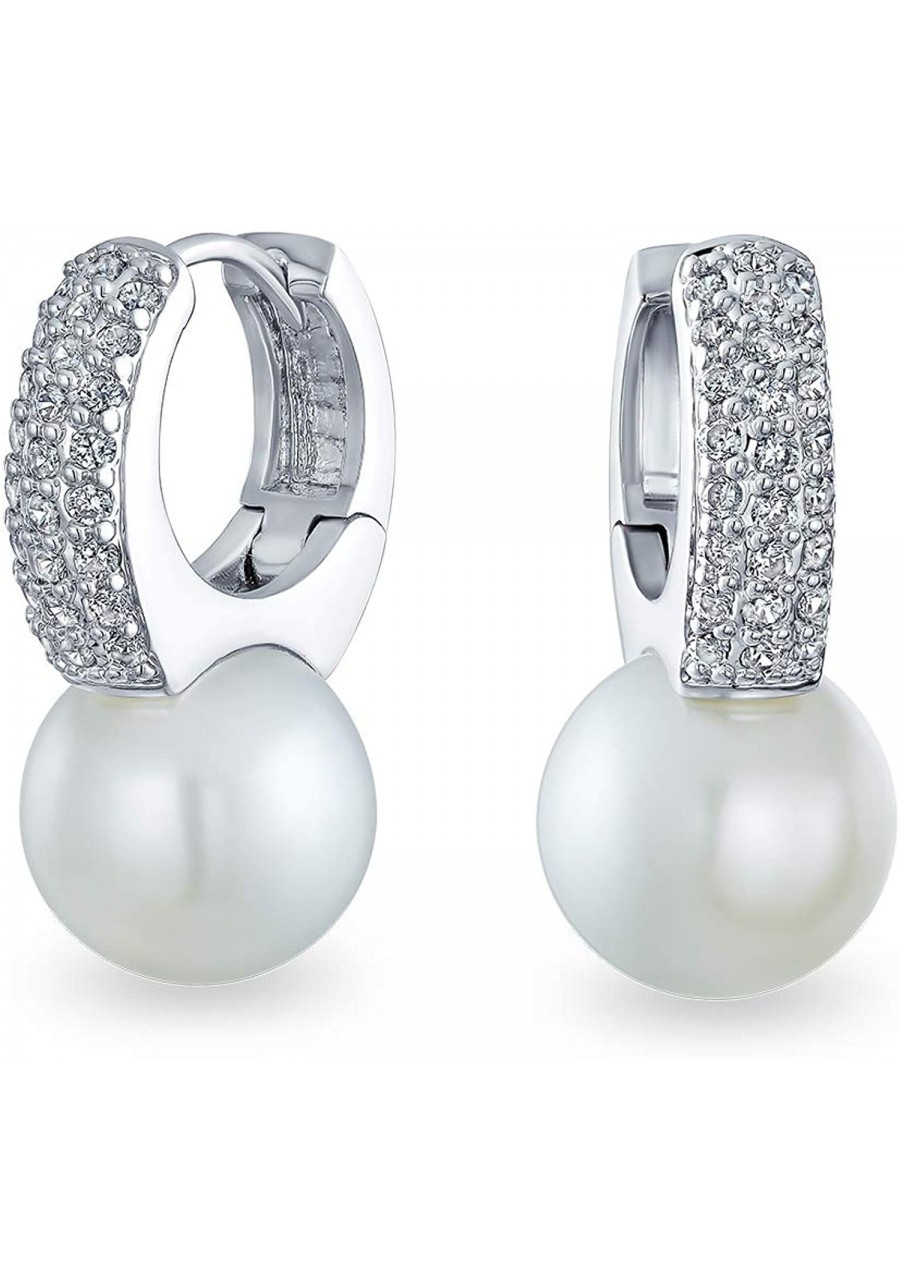 Bridal Simple CZ Leverback White Simulated Pearl Solitaire Huggie Drop Ball Earrings For Women Wedding Silver Plated $25.48 Ball