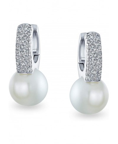 Bridal Simple CZ Leverback White Simulated Pearl Solitaire Huggie Drop Ball Earrings For Women Wedding Silver Plated $25.48 Ball