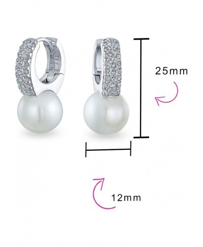 Bridal Simple CZ Leverback White Simulated Pearl Solitaire Huggie Drop Ball Earrings For Women Wedding Silver Plated $25.48 Ball