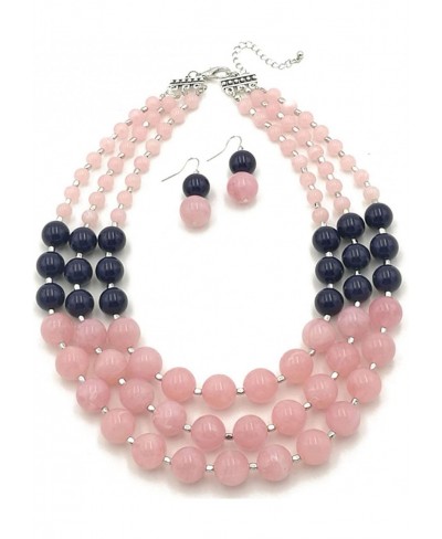 Elegant 3-Row Layered Handmade Acrylic Glass Pearl Stone-Simulated Beaded Necklace Earrings Set (Style 2(Pink)) $12.04 Strands