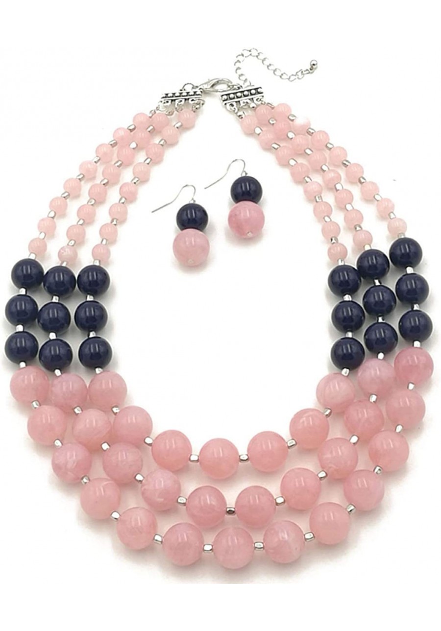 Elegant 3-Row Layered Handmade Acrylic Glass Pearl Stone-Simulated Beaded Necklace Earrings Set (Style 2(Pink)) $12.04 Strands