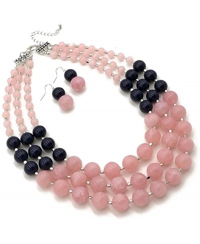 Elegant 3-Row Layered Handmade Acrylic Glass Pearl Stone-Simulated Beaded Necklace Earrings Set (Style 2(Pink)) $12.04 Strands