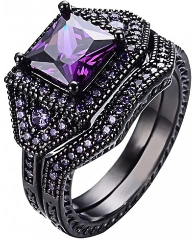 2 PCS Black Gold Plated Princess Purple Amethyst Cut Cubic Zirconia Wedding Bridal Ring Set $16.27 Bridal Sets