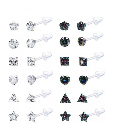 12Pairs Clear Plastic Studs Earrings for Women Acrylic Post Round Square CZ Star Heart Rhinestone Ear Studs Piercing Retainer...