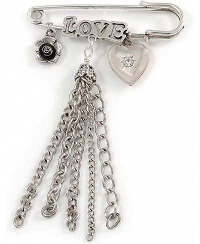 Love' Crystal Heart Flower And Tassel Safety Pin Brooch (Burn Silver Finish) $15.07 Brooches & Pins