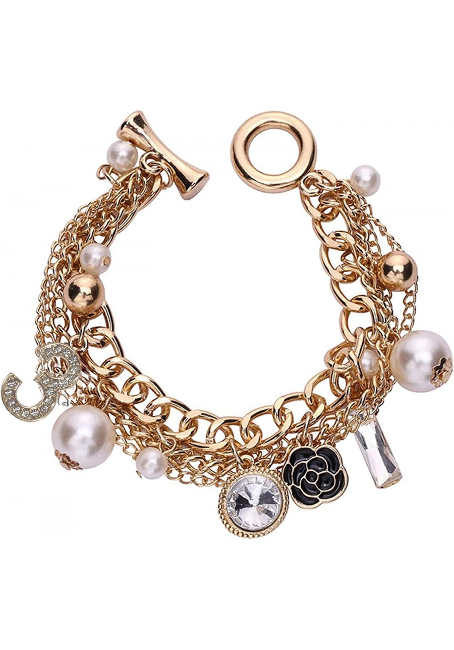 Lucky Number 3 Gold-Tone Multi-layer Chain Inspired Charm Bracelet with Pearl Rhinestone for Women $13.32 Link