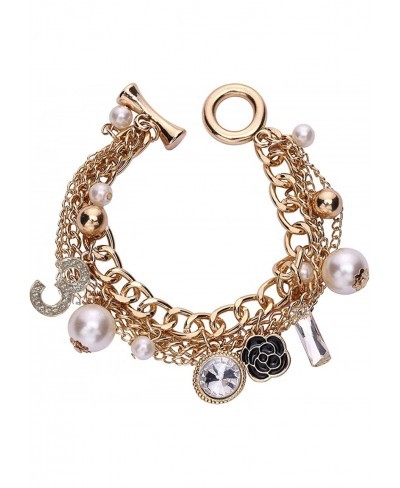 Lucky Number 3 Gold-Tone Multi-layer Chain Inspired Charm Bracelet with Pearl Rhinestone for Women $13.32 Link