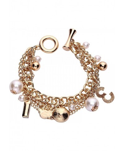 Lucky Number 3 Gold-Tone Multi-layer Chain Inspired Charm Bracelet with Pearl Rhinestone for Women $13.32 Link