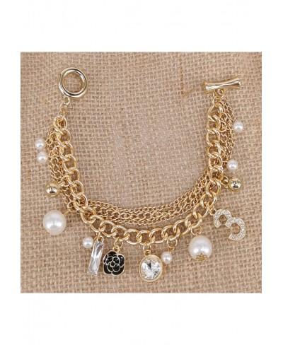 Lucky Number 3 Gold-Tone Multi-layer Chain Inspired Charm Bracelet with Pearl Rhinestone for Women $13.32 Link