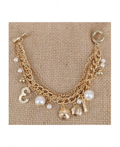 Lucky Number 3 Gold-Tone Multi-layer Chain Inspired Charm Bracelet with Pearl Rhinestone for Women $13.32 Link