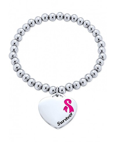 Personalize Engravable Medical Alert ID Pink Ribbon Cancer Survivor Stretch Bracelet Heart Shape Charm Tag for Women $15.49 I...