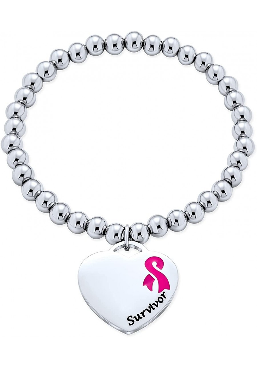 Personalize Engravable Medical Alert ID Pink Ribbon Cancer Survivor Stretch Bracelet Heart Shape Charm Tag for Women $15.49 I...