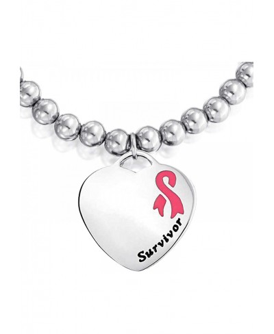 Personalize Engravable Medical Alert ID Pink Ribbon Cancer Survivor Stretch Bracelet Heart Shape Charm Tag for Women $15.49 I...