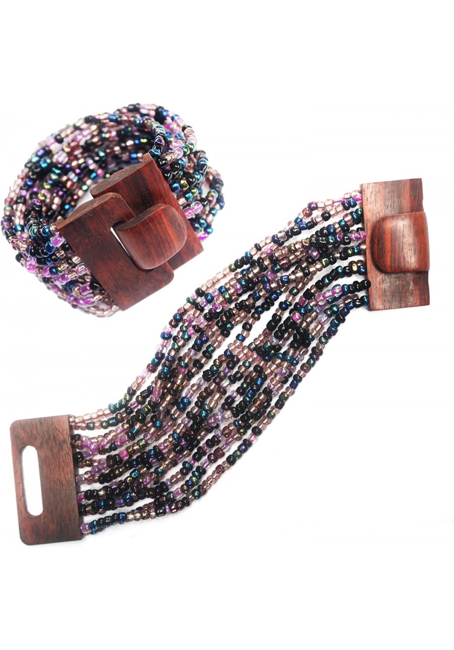 Clear Light Purple & Rainbow Bronze 14-Strand Elastic Stretchy Glass Beaded Bracelet w/Wood Buckle Clasp $15.60 Strand