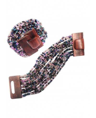 Clear Light Purple & Rainbow Bronze 14-Strand Elastic Stretchy Glass Beaded Bracelet w/Wood Buckle Clasp $15.60 Strand