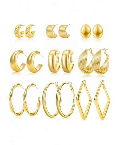 Chunky Gold Hoop Earrings Set for Women 9 Pair 14K Gold Plated Thick Open Small/Big Hoops Jewelry Gift $13.27 Hoop