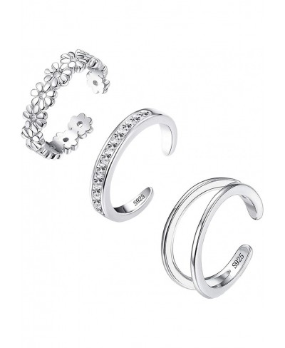 3pcs 925 Sterling Silver Toe Rings Set for Women Hypoallergenic Adjustable Open Flower CZ Band Tail Toe Ring Jewelry Set $19....