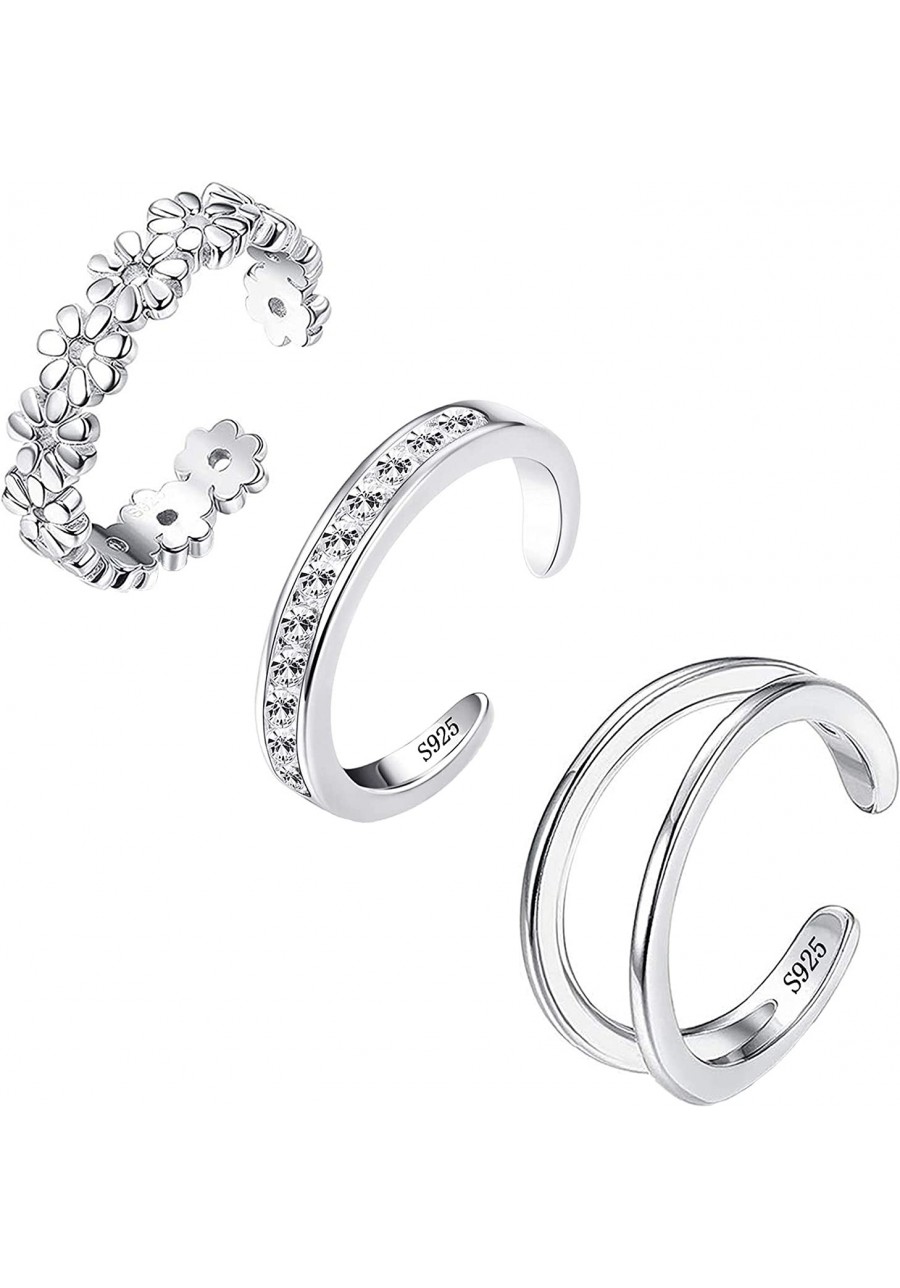 3pcs 925 Sterling Silver Toe Rings Set for Women Hypoallergenic Adjustable Open Flower CZ Band Tail Toe Ring Jewelry Set $19....