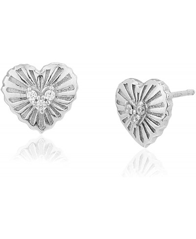 Sterling Silver Jewelry Heart Shape Patterned Stud Earrings with Cubic Zirconia Stones and Rhodium Plated for Women and Girls...