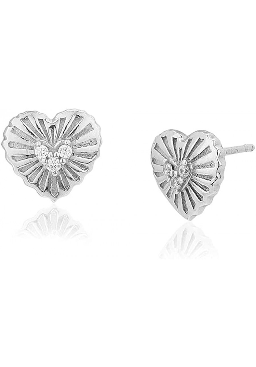 Sterling Silver Jewelry Heart Shape Patterned Stud Earrings with Cubic Zirconia Stones and Rhodium Plated for Women and Girls...