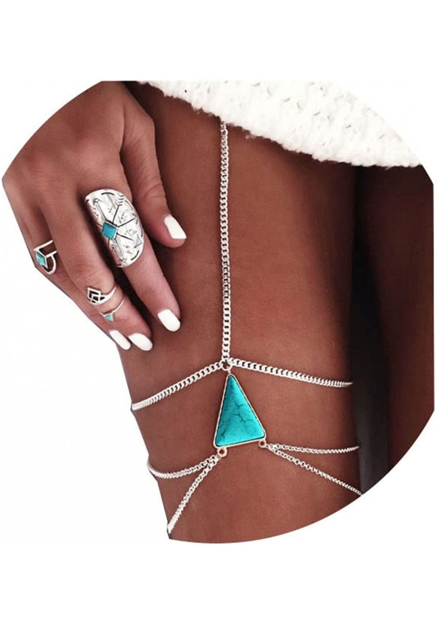 Boho Turquoise Leg Chains Silver Layered Beach Thigh Chain Sexy Body Chain Jewelry for Women and Girls $8.85 Body Chains