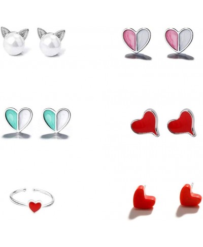 6 Combo Lovely Heart Stud Earrings Cute Pearl Cat Earrings with Ring Jewelry Gift Set for Women & Girls Blue Pink & Red $17.8...