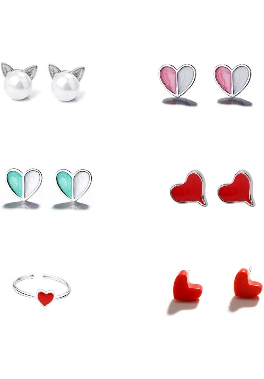 6 Combo Lovely Heart Stud Earrings Cute Pearl Cat Earrings with Ring Jewelry Gift Set for Women & Girls Blue Pink & Red $17.8...