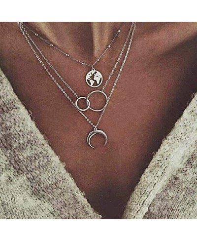 Boho Layered Moon Necklaces Silver Circle Map Pendant Necklace Jewelry for Women(7-Silver) $8.04 Chokers