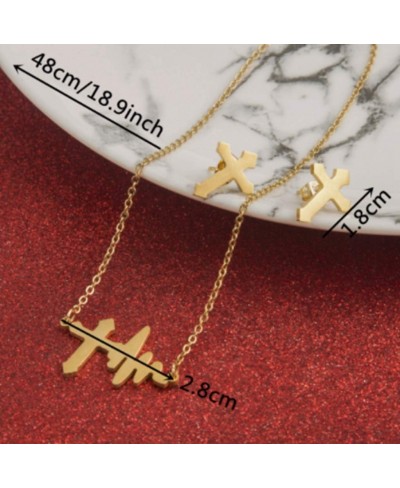 Heartbeat ECG Charm Cross Pendant Necklace Earrings Cardiogram Jesus Cross for Women Valentines Gift $11.66 Jewelry Sets