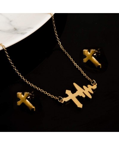 Heartbeat ECG Charm Cross Pendant Necklace Earrings Cardiogram Jesus Cross for Women Valentines Gift $11.66 Jewelry Sets