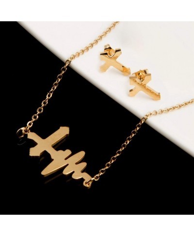 Heartbeat ECG Charm Cross Pendant Necklace Earrings Cardiogram Jesus Cross for Women Valentines Gift $11.66 Jewelry Sets