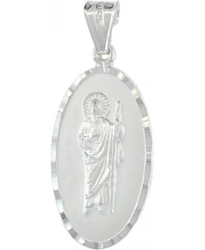 Sterling Silver St. Jude Necklace San Judas Tadeo Medal Oval Diamond Cut Rim 1 1/8 inch Tall 18-30 inch Chain $43.84 Pendants...