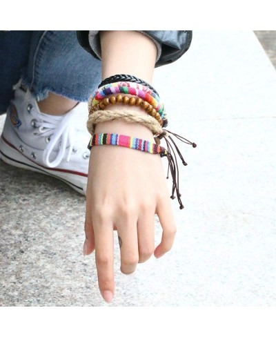 Wrap Bead Tribal Leather Woven Stretch Bracelet Boho Hemp Linen String Bracelet for Men Women Girls $8.77 Strand