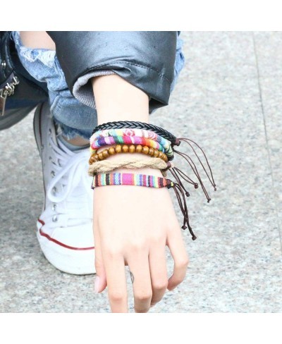 Wrap Bead Tribal Leather Woven Stretch Bracelet Boho Hemp Linen String Bracelet for Men Women Girls $8.77 Strand