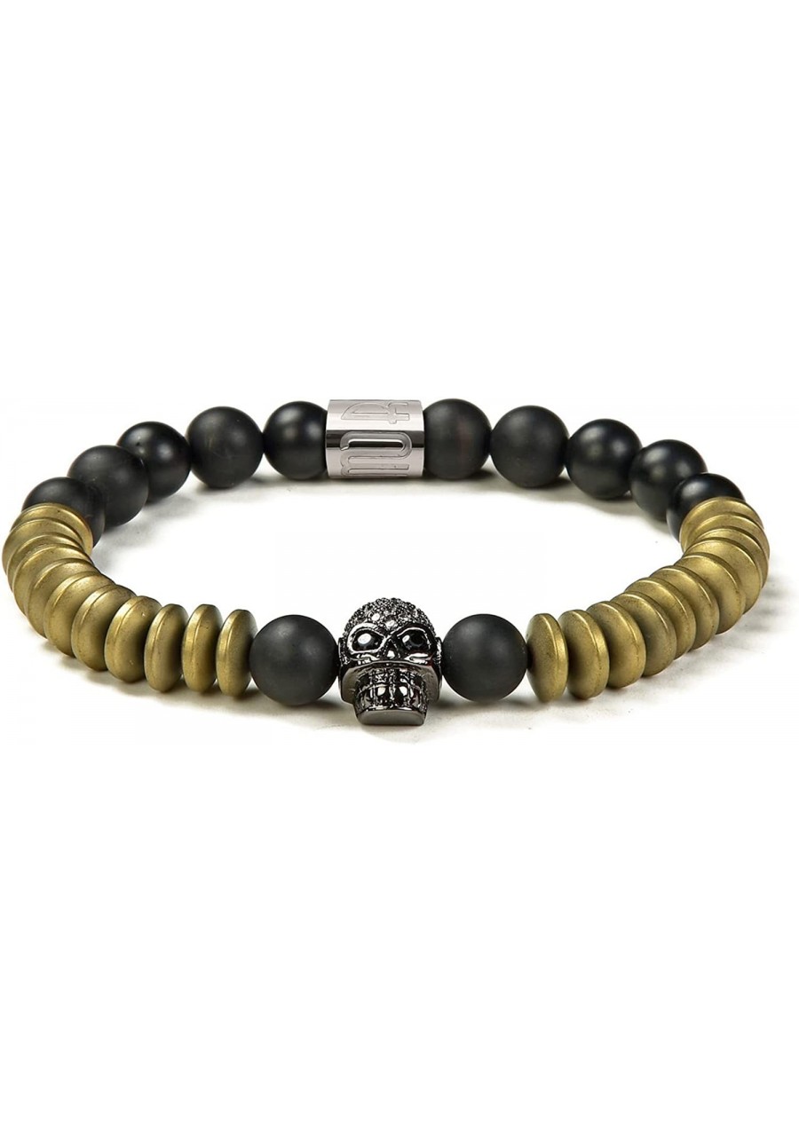 Natural Matte Onyx / Hematite Stone Beads with CZ Skull Stretch Bracelet - Mens Womens Energy Cuff Bangle 8mm $20.47 Strand