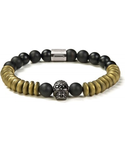 Natural Matte Onyx / Hematite Stone Beads with CZ Skull Stretch Bracelet - Mens Womens Energy Cuff Bangle 8mm $20.47 Strand