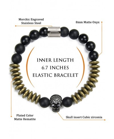 Natural Matte Onyx / Hematite Stone Beads with CZ Skull Stretch Bracelet - Mens Womens Energy Cuff Bangle 8mm $20.47 Strand