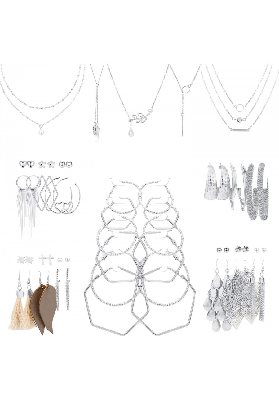 Necklace and Earring Jewelry Set with 27 Pairs Ball Dangle Hoop Stud Earrings and 5 PCS Layered Necklaces for Women Fashion J...