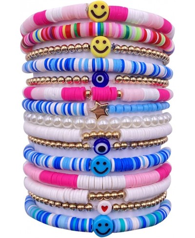 Y2K Bracelet Preppy Heishi Surfer Bracelets for Women Preppy Beaded Bracelet Colorful Smiley Face Clay Stackable Bracelet Boh...