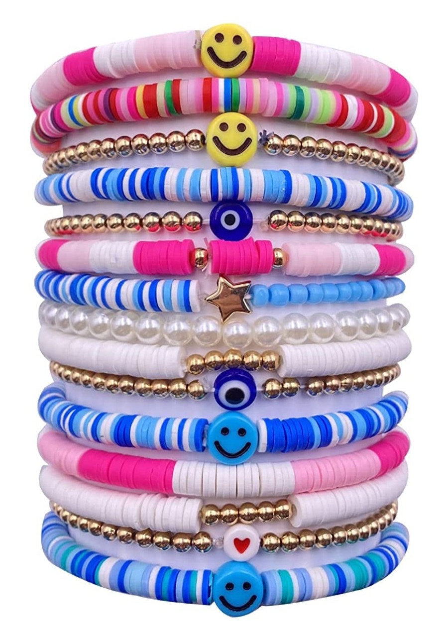 Y2K Bracelet Preppy Heishi Surfer Bracelets for Women Preppy Beaded Bracelet Colorful Smiley Face Clay Stackable Bracelet Boh...